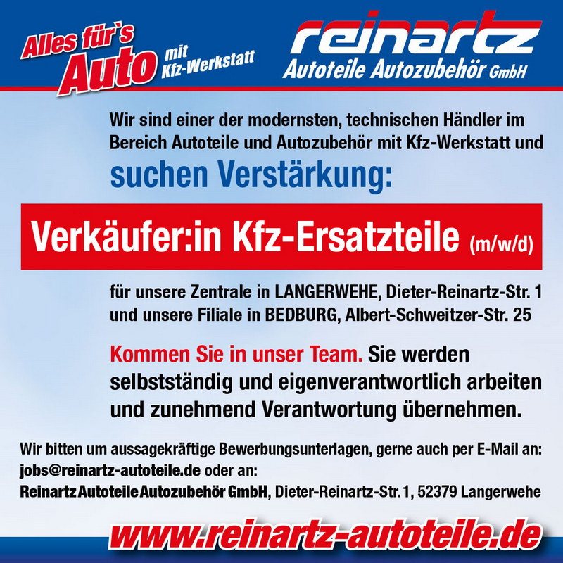 Verkäufer:in Kfz-Ersatzteile (m/w/d) in Bedburg - Reinartz Autoteile